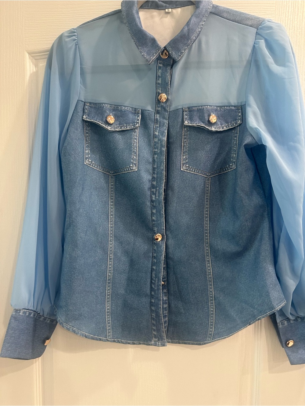 Light Blue Denim Button-Down Shirt with Sheer Sleeves